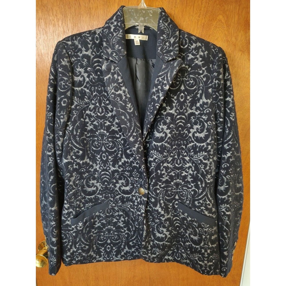 CAbi #109 sz 10 jacquard damask midnight blue wool blend blazer jacket